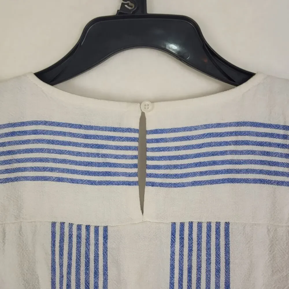 J.Crew linen blue striped ruffled sleeve babydoll dress SZ 4 resort coastal boho